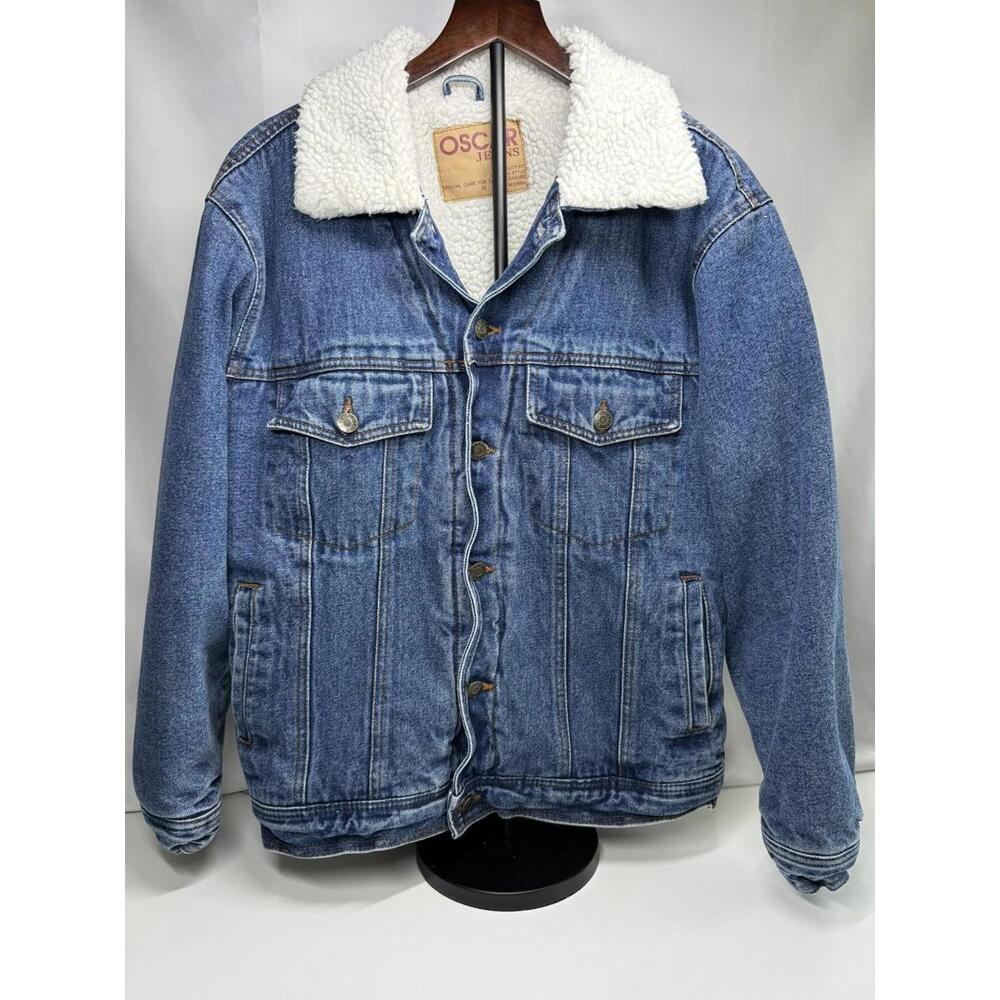 Oscar Jeans Jacket Mens Medium Blue Sherpa Lined Denim Trucker‎ Warm Cozy Y2K